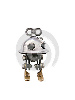Steampunk robot, steel and chrome details, isolated on white background
