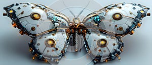 Steampunk robotic butterfly in white and blue colors on isolated background. Concept Steampunk,