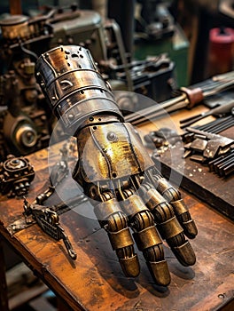 Steampunk robotic hand on a workbench