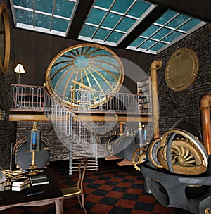 Steampunk room with big windows and machines