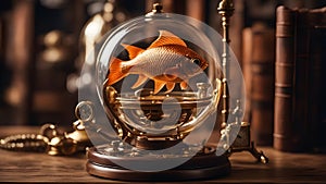 A steampunk scene of a metal gold fish swimming in a glass bowl, with a clock,