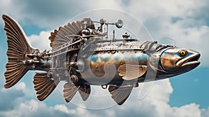 _A steampunk scene of a metal rainbow trout fish flying in the sky, with wings, propellers,