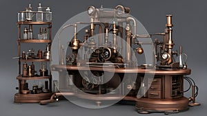 A steampunk science chemical medical research lab with a microscope. The lab is a mad scientist’s experiment station