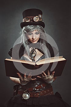 Steampunk scientist with book