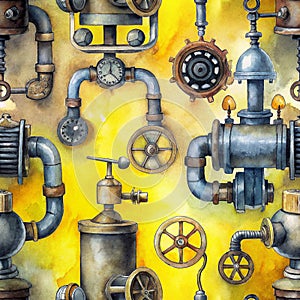 Steampunk seamless pattern with pipes and gears, AI generated.