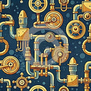 Steampunk seamless pattern with pipes and gears, AI generated.