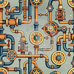 Steampunk seamless pattern with pipes and gears, AI generated.