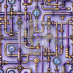 Steampunk seamless pattern with pipes and gears, AI generated.