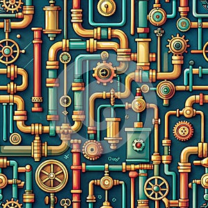 Steampunk seamless pattern with pipes and gears, AI generated.
