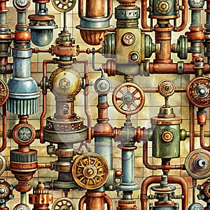 Steampunk seamless pattern with pipes and gears, AI generated.