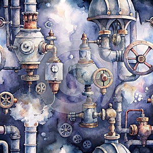 Steampunk seamless pattern with pipes and gears, AI generated.