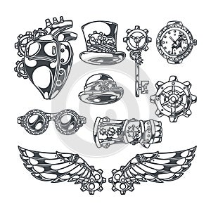 Steampunk set isolated decorative icons with mechanical wings heart sketch style images ribbons with text