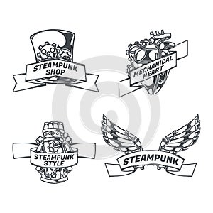 Steampunk set isolated emblems with mechanical wings heart sketch style images ribbons with text