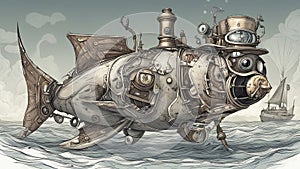 _a steampunk Small Fish With Ambitions Of A Big Shark - Business Concept
