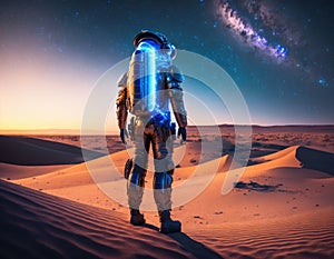 Steampunk spaceman view from the back in a desert, nighttime, blue tones, milky way, poster, AI Generated