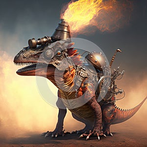 Steampunk stegosaur dinosaur with erupting volcano, generative AI