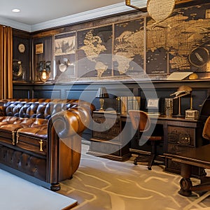 Steampunk Study: A study room designed in a steampunk style, featuring exposed gears, leather armchairs, and vintage map wallpap