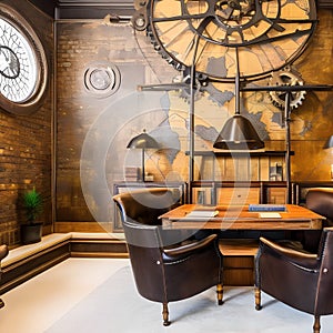 Steampunk Study: A study room designed in a steampunk style, featuring exposed gears, leather armchairs, and vintage map wallpap