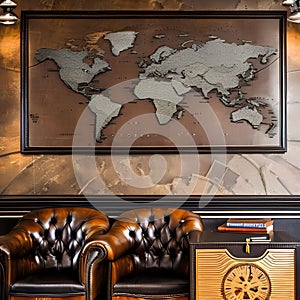 Steampunk Study: A study room designed in a steampunk style, featuring exposed gears, leather armchairs, and vintage map wallpap