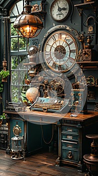 Steampunk study with vintage gadgets and brass details