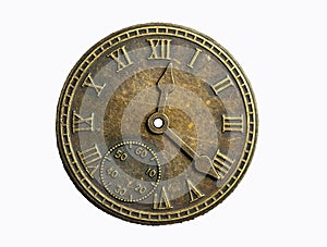 Steampunk style copper clock on a white background.