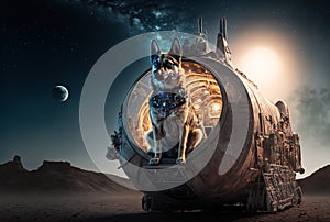 A steampunk style dog sitting in a space ship landed on an outer planet