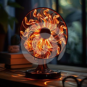 A steampunk-style fan lamp with glowing orange lights