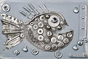 Steampunk style fish piranha. Mechanical animal photo.