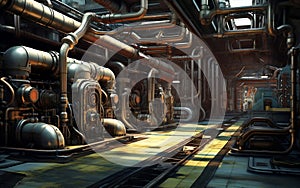 Steampunk-Style Futuristic Factory with Abundant Pipes. AI