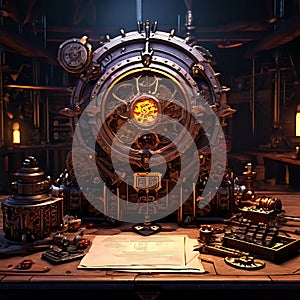 a steampunk style gaming table with intricate gears and gadges