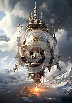 Steampunk style hot air balloon. Unreal landscape. AI generated