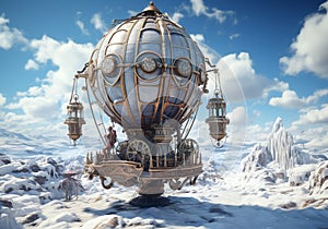 Steampunk style hot air balloon. Unreal landscape. AI generated