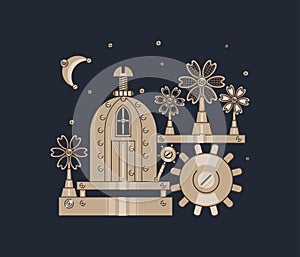 Steampunk style image. Metal house