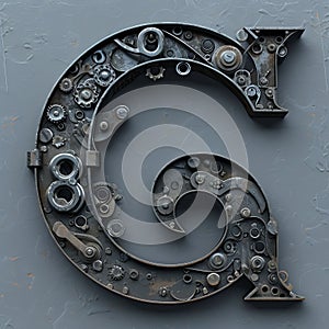 Steampunk style letter G composed of mechanical parts