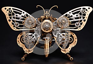 a steampunk-style mechanical butterfly with detailed metal wings and antennae.