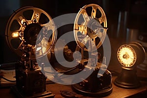 Steampunk style movie gear in victorian inetrior. Generative AI