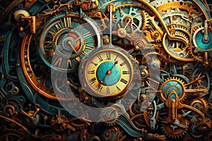 Steampunk style old and rusty gear wheels and clocks background with copy space