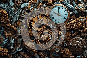 Steampunk style old and rusty gear wheels and clocks background with copy space