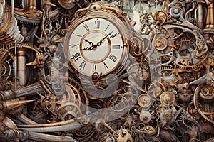 Steampunk style old and rusty gear wheels and clocks background with copy space