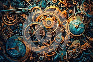 Steampunk style old and rusty gear wheels and clocks background with copy space