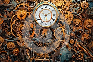 Steampunk style old and rusty gear wheels and clocks background with copy space