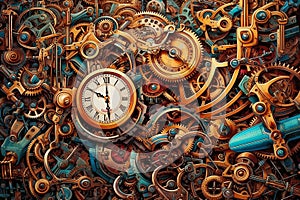 Steampunk style old and rusty gear wheels and clocks background with copy space