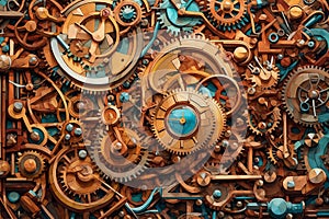 Steampunk style old and rusty gear wheels and clocks background with copy space