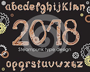 2018 in the Steampunk style. Outline Latin alphabet typeface and numbers in hand drawn style on black background,