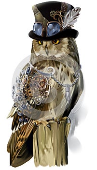 Steampunk-style owl. Watercolor drawing photo