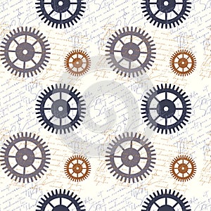 Steampunk style pattern with gear wheels and old Lorem ipsum text, vintage antique steampunk background.