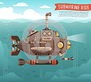 Steampunk submarine in the ocean