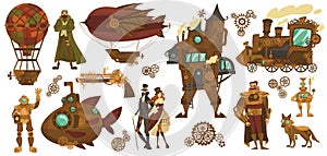 Steampunk technologies, fantasy vintage transport and people cartoon characters, vector illustration