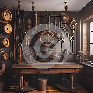 A steampunk-themed workshop with gears as decor, vintage tools, and industrial workbenches1