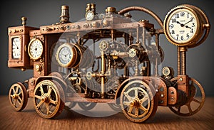 Steampunk time machine fantastic vehicle, retro technology illustration. Generative Ai